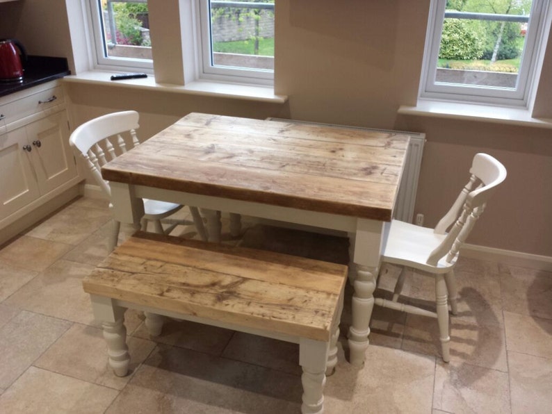 Farmhouse Dining Table With Thick Reclaimed Wood Top 2 Chairs Etsy