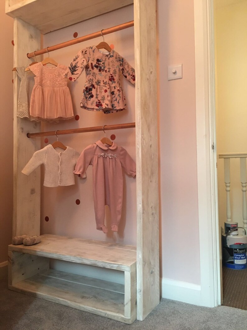 Whitewashed nursery clothes rail wardrobe with shelves. Made Etsy