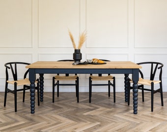 Bobbin Leg Dining Table with Solid Oak Top. Modern bobbin style handmade to any size and colour - matching bench and chair options.