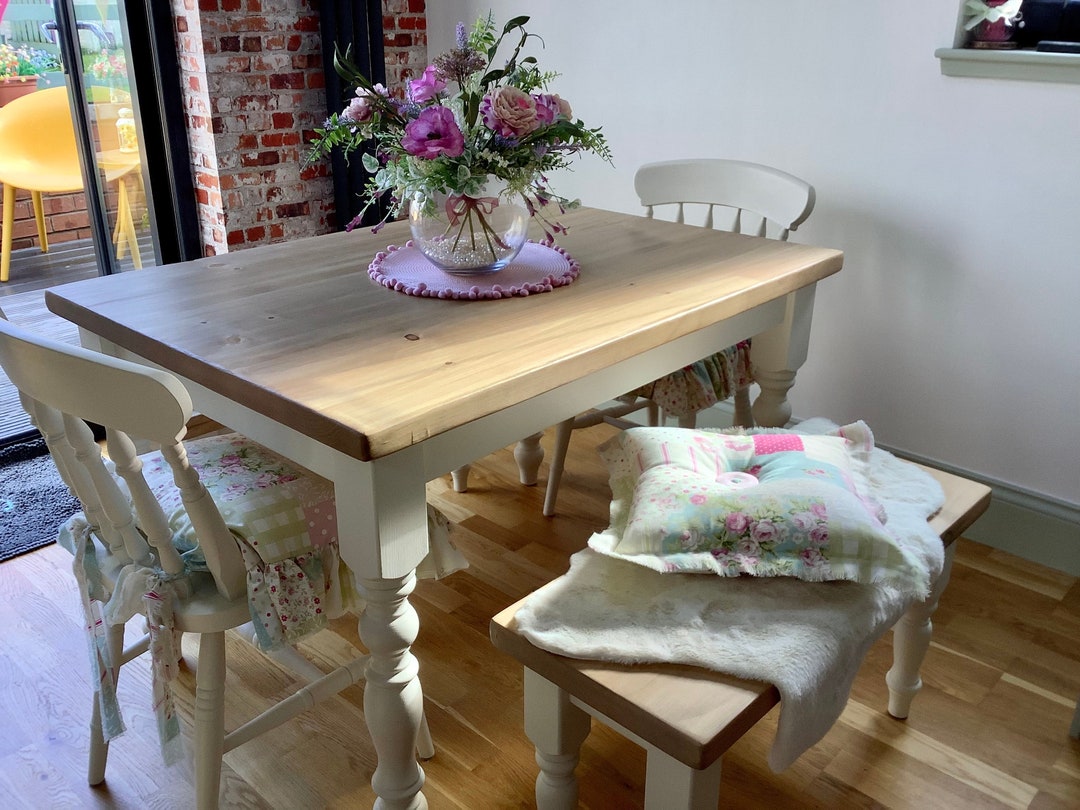 Small Foot Farmhouse Dining Table With Rustic Pine Wood Top and Turned  Painted Made to