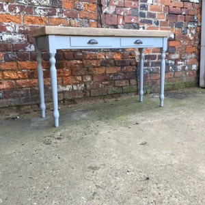 Chunky Farmhouse 2 drawer console table. Handmade to measure in any size or colour with rustic pine wood top. Customisable.