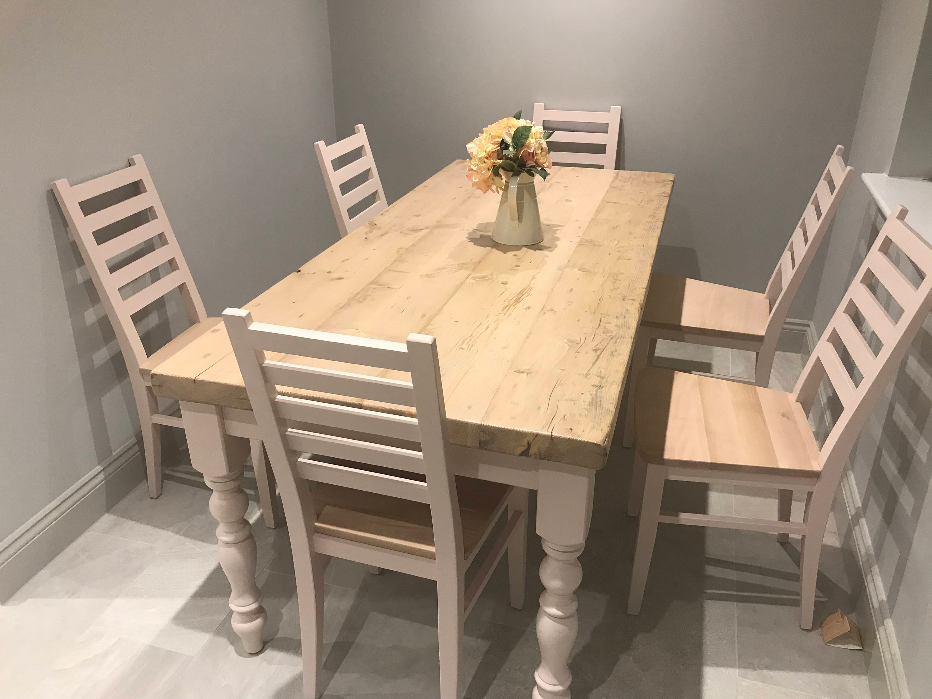 6ft Farmhouse Dining Table Set With Rustic Pine Wood Top and 6
