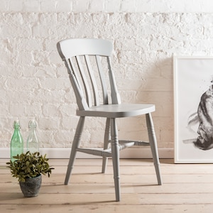 Farmhouse Dining Chairs painted in Farrow and Ball colours. Solid hardwood chair with Slat seat backs