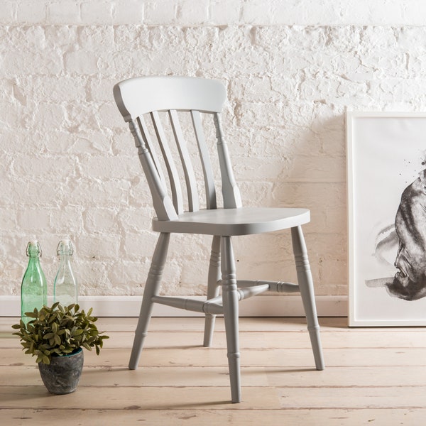 Farmhouse Dining Chairs painted in Farrow and Ball colours. Solid hardwood chair with Slat seat backs