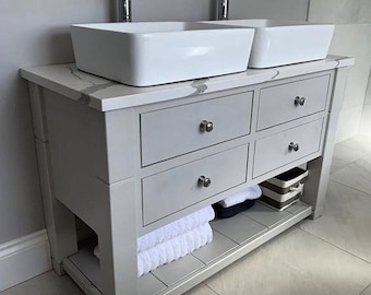 Bespoke bathroom Vanity unit with white marble quartz top made to measure in any size. Drawer top with low shelf painted Farrow & Ball grey