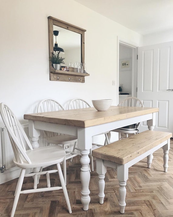 6-Piece Farmhouse Style Dining Table Set with 4 Chairs, Rectangular Table  with Long Bench and 4 Dining Chairs, Rustic Farmhouse Solid Wood Dining  Room Set for Small Places