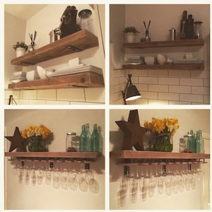 Reclaimed wood, made to measure chunky kitchen shelves. Metal brackets, wine glass holders, industrial, shelf, rack, floating, custom rustic