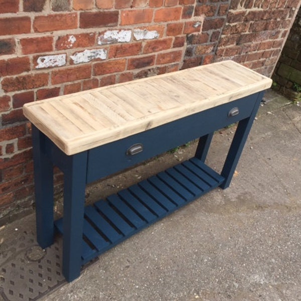 Handmade Butchers block sideboard table with thick rustic pine wood top and double drawers. Made to measure in any size