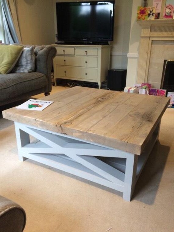 Rustic Coffee Table With Thick Reclaimed Wood Top And Lower - Painted Reclaimed Wood Coffee Table Rustic Coffee Table With Thick Reclaimed Wood Top And Lower - Painted Reclaimed Wood Coffee Table
