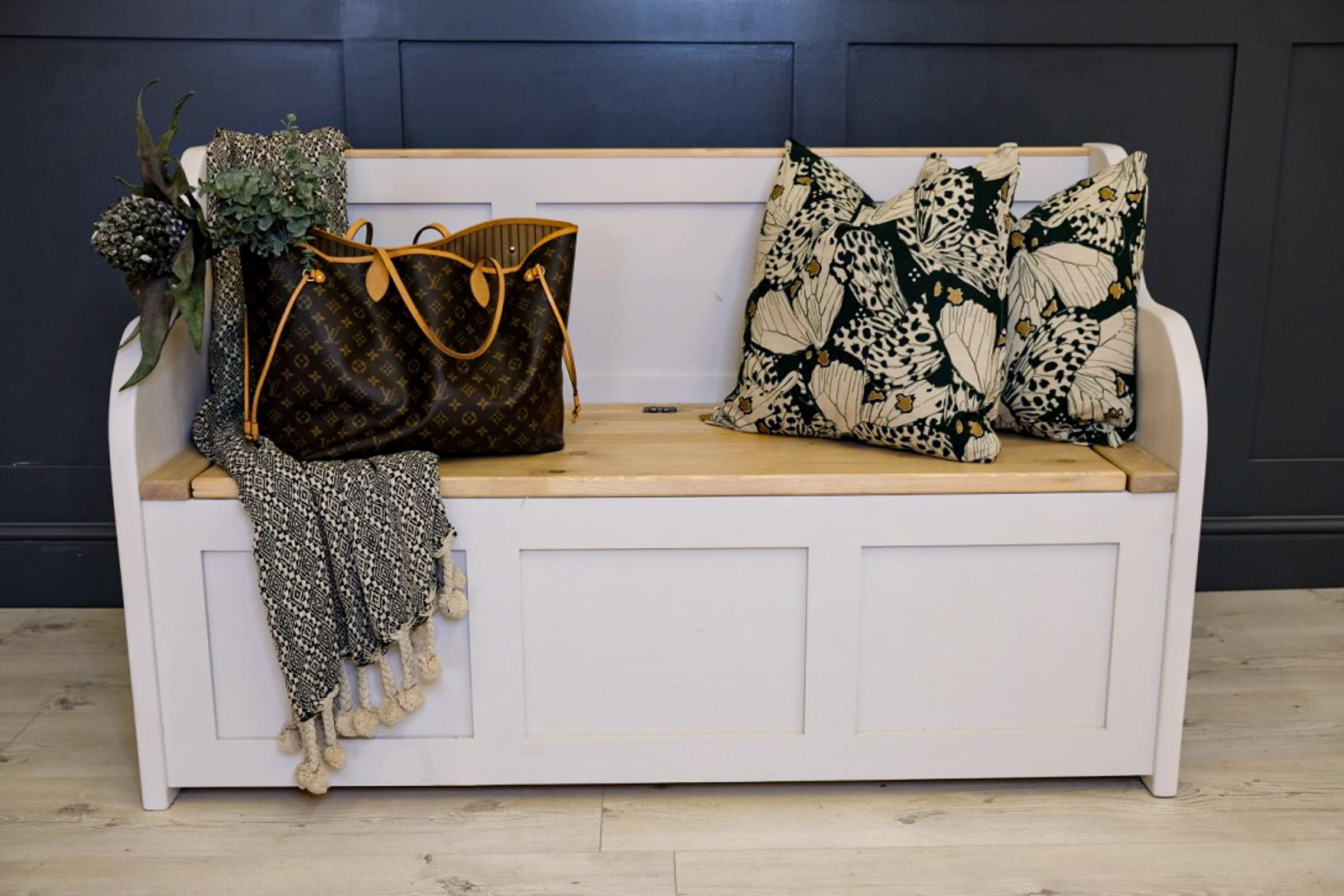 White monks bench with storage discount