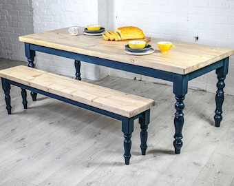 Juego de mesa de comedor estilo granja con bancos, estilo rústico, hecho a mano, mesa de cocina, cualquier tamaño