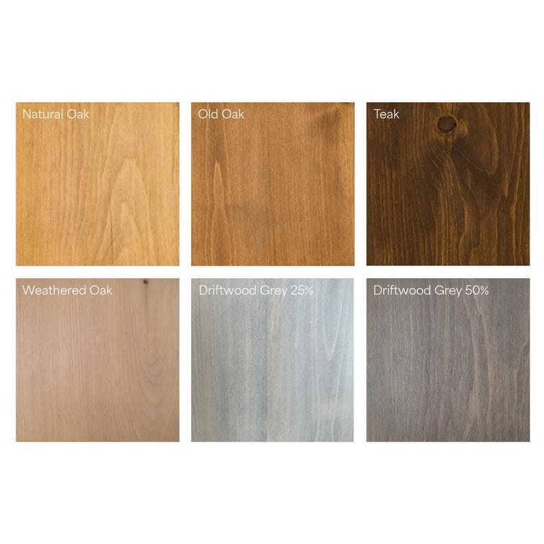 May include: Six wood samples showing different wood stains. The stains are: Natural Oak, Old Oak, Teak, Weathered Oak, Driftwood Grey 25%, and Driftwood Grey 50%.