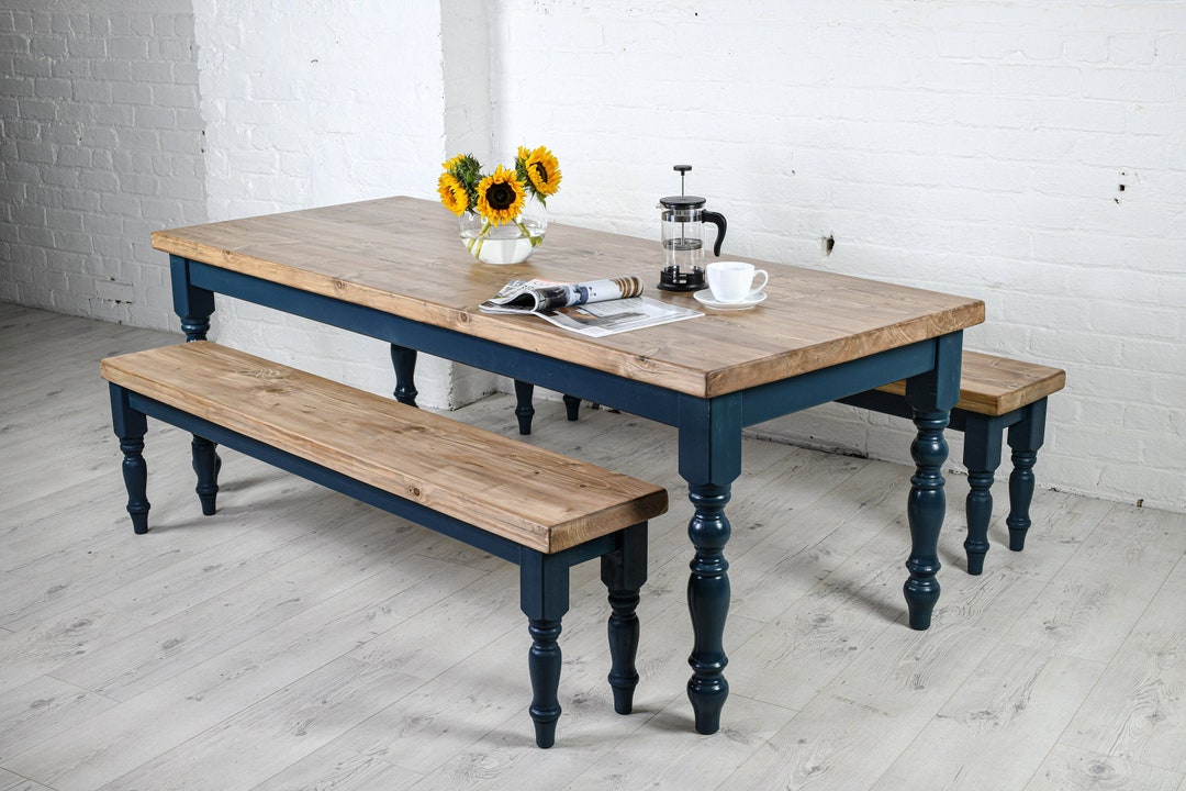 Farmhouse Dining Table and Bench Set - Rustic Kitchen Table, Thick ...