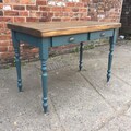 Rustic Pine Wood Writing Desk with 2 drawers . Dark Teak finish top, Inchyra Blue painted turned legs. Made to measure rustic console.