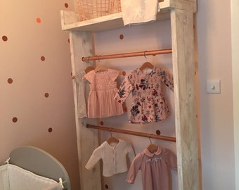 Whitewashed nursery clothes rail wardrobe with shelves. Made to measure from pine wood with copper rail. Freestanding industrial design