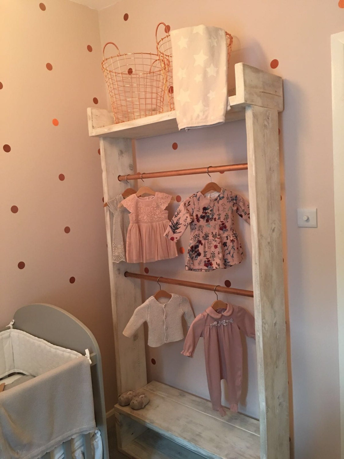 Whitewashed nursery clothes rail wardrobe with shelves. Made Etsy