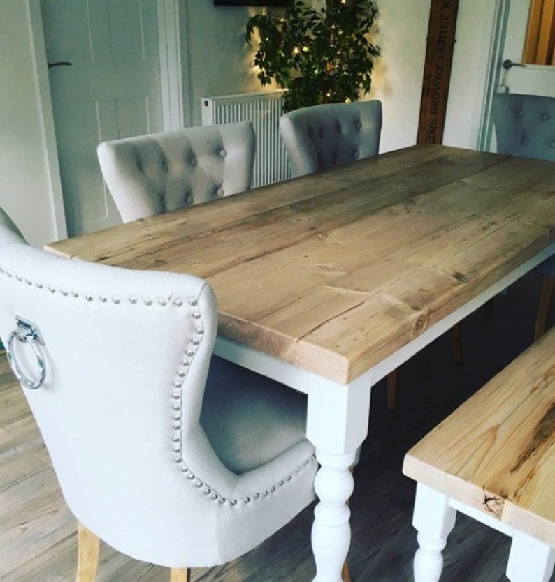 Farmhouse Dining Table Set with bench. Rustic reclaimed wood handmade kitchen table in any size image 8
