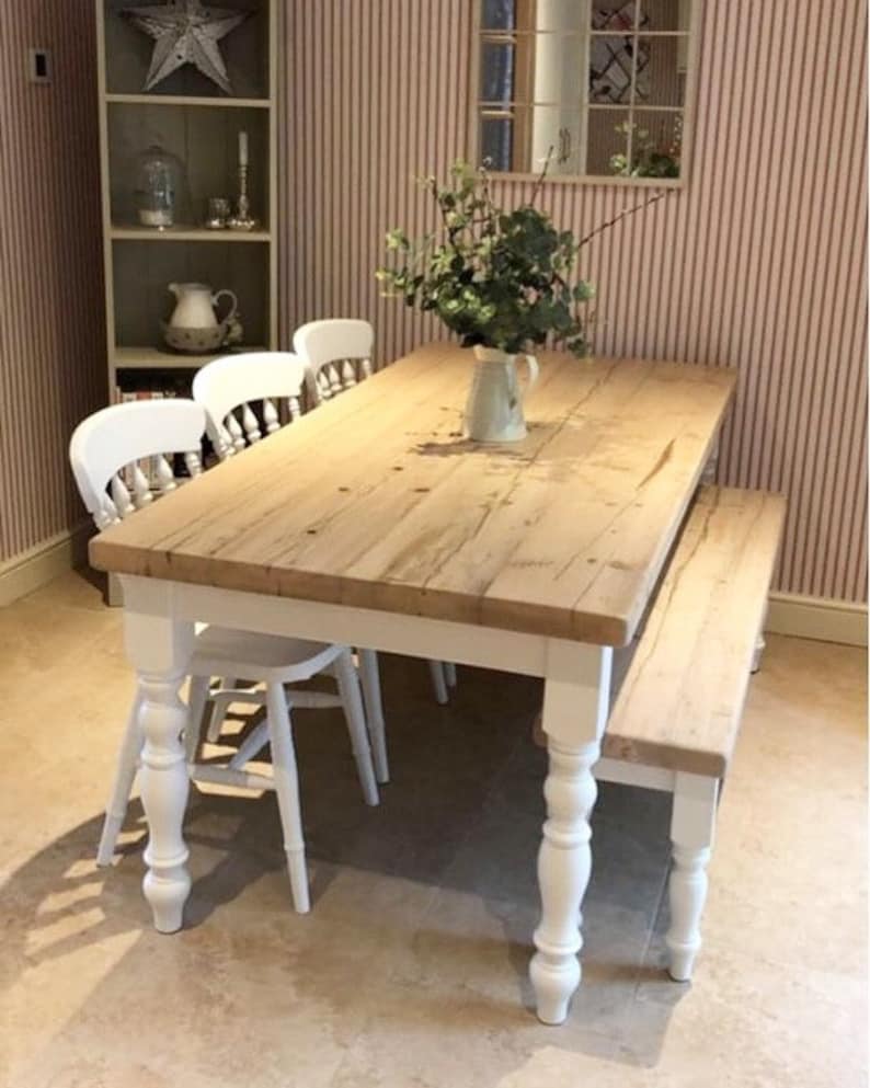 Farmhouse Dining Table Set with bench. Rustic reclaimed wood handmade kitchen table in any size image 1