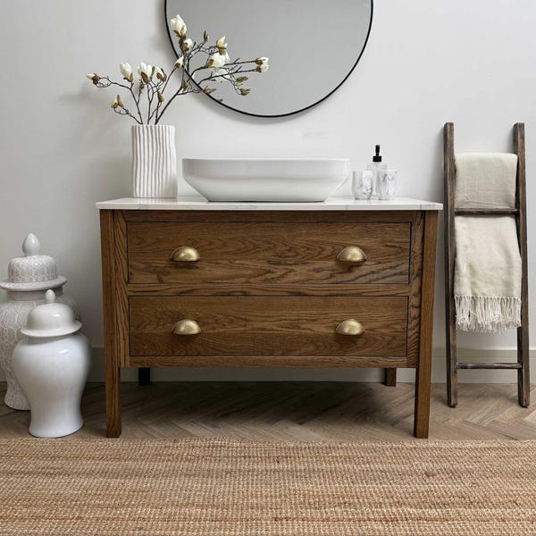 Mueble de baño Soho en roble con encimera de cuarzo y mármol - Hecho a medida y de pie