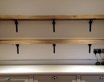 Reclaimed wood, made to measure chunky kitchen shelves with antique Iron industrial brackets - handmade to any size