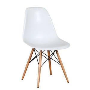 May include: A white plastic chair with a wooden frame. The chair has a simple, modern design and is perfect for a dining room or kitchen.
