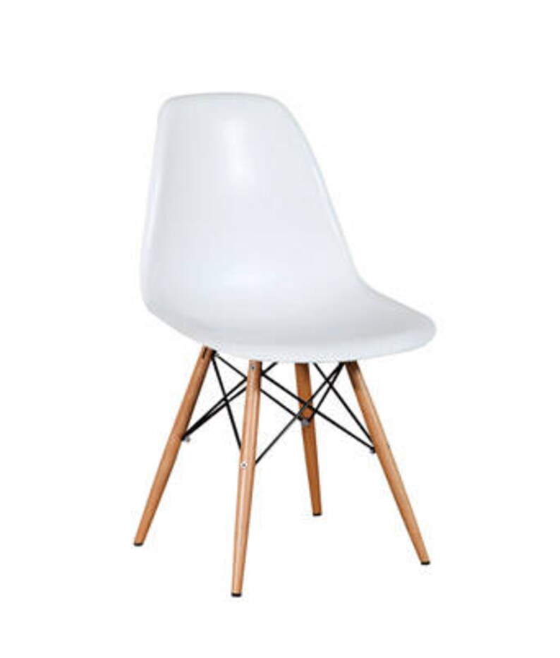 May include: A white plastic chair with a wooden frame. The chair has a simple, modern design and is perfect for a dining room or kitchen.