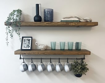Made to Measure Chunky Kitchen Shelves with Brackets, Handmade with or without Mug Rail in Rustic Finish