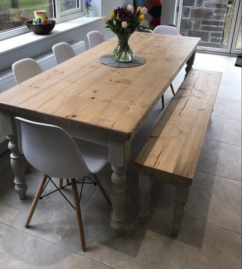 Farmhouse Dining Table Set with bench. Rustic reclaimed wood handmade kitchen table in any size image 7