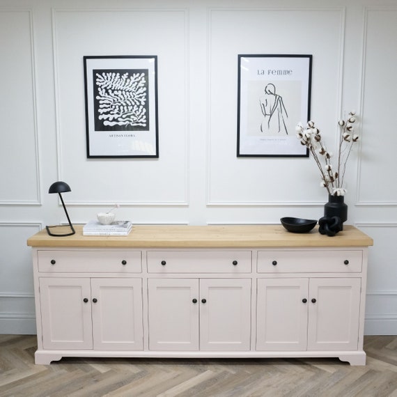 Extra large Shaker style painted sideboard 3 Drawers over 3 double cupboards and rustic reclaimed wood top. Made to any size