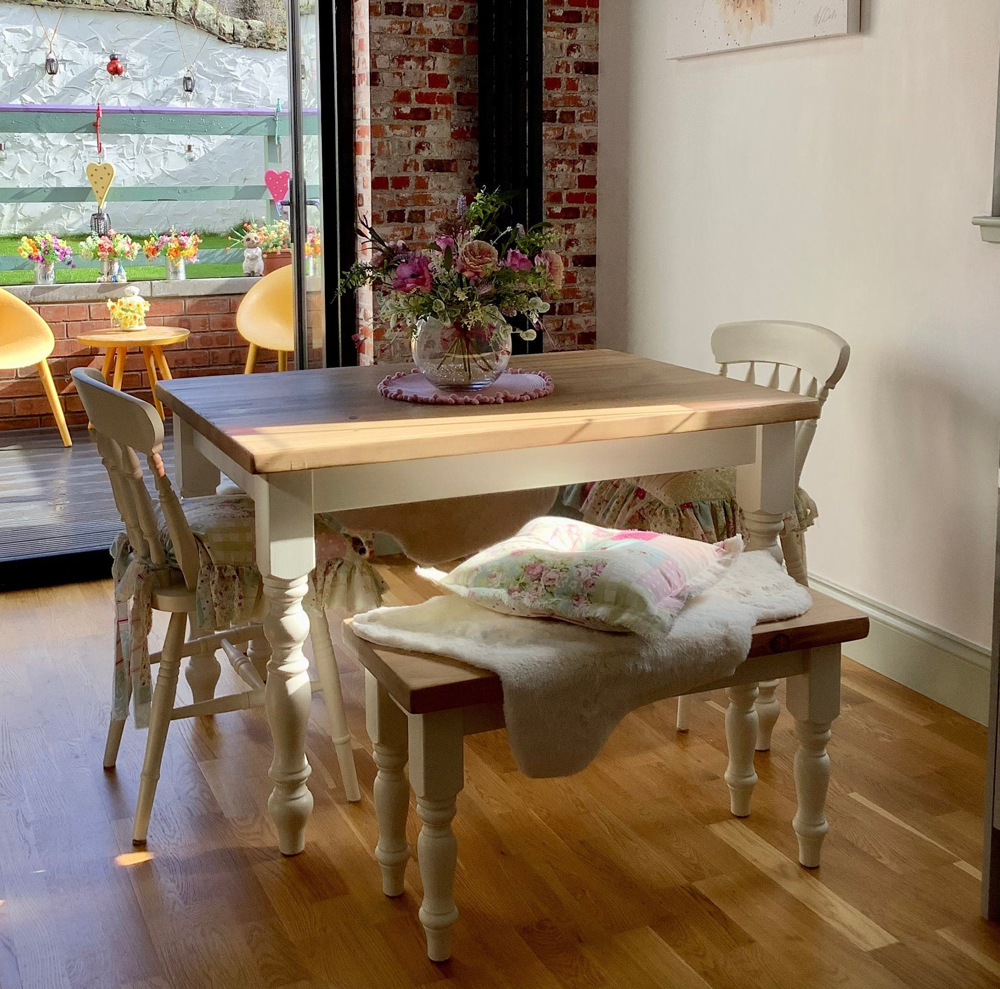 Small 4 Foot Farmhouse Dining Table With Rustic Pine Wood Top and 