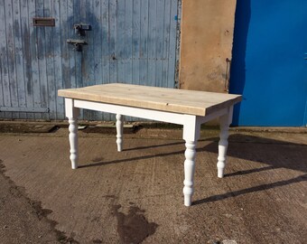 Thick top rustic pine wood farmhouse dining table. Made to measure in any size with chunky Pine top