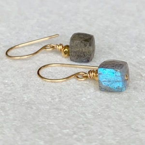 Gold cube labradorite earrings / Gold labradorite dangles / Labradorite jewellery / Gift for her