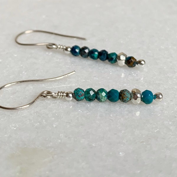 Dainty chrysocolla stick earrings / Delicate turquoise gemstone dangles / Chrysocolla  jewellery / Gift for her