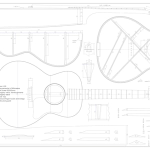 May include: Detailed technical drawing of a Gibson L00 acoustic guitar, featuring measurements in millimeters. The blueprint shows the guitar's body, neck, and internal bracing, with labels indicating materials like mahogany and spruce.