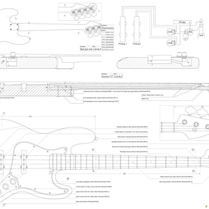 Könnte beinhalten: Detaillierte technische Zeichnung einer Fender Jazz Bass-Gitarre. Der Bauplan enthält mehrere Ansichten, Schnitte und Maße in Zentimetern und bietet eine umfassende Anleitung zum Bau und zu den Komponenten des Instruments.
