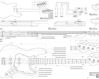 Può includere: Disegno tecnico dettagliato di un basso stile Fender Jazz. Il progetto include più viste, sezioni e misure in centimetri, fornendo una guida completa alla costruzione e ai componenti dello strumento.