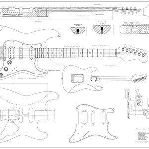 Könnte beinhalten: Eine detaillierte Bauanleitung für eine E-Gitarre. Die Bauanleitung enthält Diagramme von Korpus, Hals, Kopfplatte und Elektronik. Die Bauanleitung enthält auch Maße in Zoll.