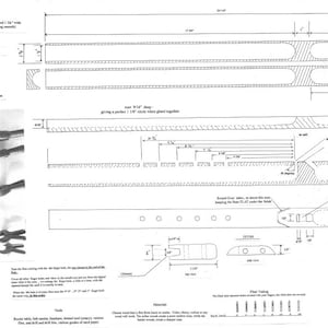 May include: Black and white line drawing of a Native American Flute, Key of Low D, full scale, showing the dimensions and construction details. The drawing includes instructions for cutting, shaping, and assembling the flute. The text "Native American Flute Key of Low D Full Scale - Actual Size" is included in the drawing.