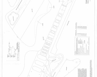 May include: Black and white line drawing blueprint for a guitar body and neck. The blueprint includes measurements and details for building a guitar. The text on the blueprint reads "Firebird VII".