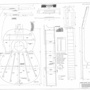 以下が含まれることがあります： ロバート・ブーシェスタイルのギター製作のための詳細な設計図。設計図には、ボディ、ネック、ヘッドストックの寸法が記載されています。設計図には、ギター製作に必要な材料と手順も記載されています。