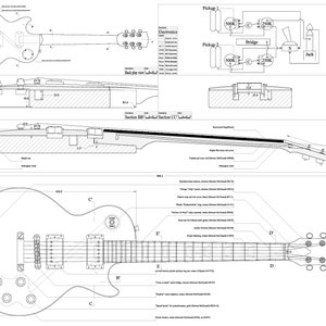 Può includere: Un disegno tecnico dettagliato di una chitarra stile Gibson Les Paul, che mostra il corpo, il manico e l'elettronica. Il disegno include dimensioni ed etichette per le diverse parti della chitarra.