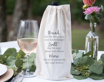 Hostess Gift Wine Gift Bag, Housewarming gift, Bread Salt Wine Quote Canvas