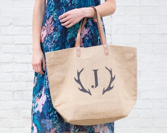 Monogrammed Tote Weekender Bag | Hostess Gift for Her under 50 | Personalized Gift for Women Tote with Pocket Zippered Tote Antler Monogram