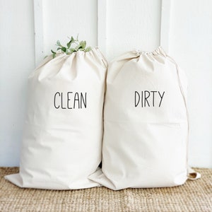 Clean and Dirty Quote Laundry Bags, Summer Camp Bags, Dirty Clothes Storage for Laundry Room, Heavy Duty Durable Canvas with Shoulder Strap