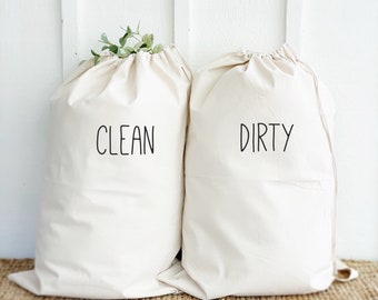 Clean and Dirty Quote Laundry Bags, Summer Camp Bags, Dirty Clothes Storage for Laundry Room, Heavy Duty Durable Canvas with Shoulder Strap