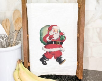 Vintage Santa with Gift Sack - Cotton Tea Towel, Flour Sack Towel, Kitchen Decor, Kitchen towel, Christmas Tea Towel, 27" x 27"