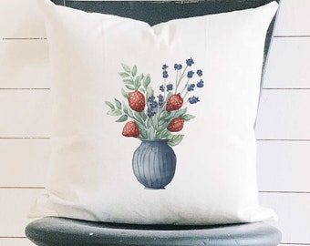 Farmhouse Strawberry Bouquet - Square Canvas Pillow, Home Decor, Decorative Pillow, Farmhouse Decor, Americana Decor, 18" x 18"