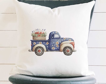 Daisy Farmhouse Truck - Square Canvas Pillow, Home Decor, Decorative Pillow, Farmhouse Decor, Americana Decor, 18" x 18"
