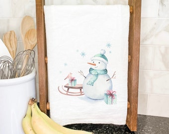 Watercolor Snowman - Cotton Tea Towel, Flour Sack Towel, Kitchen Decor, Kitchen towel, Christmas Towel, 27" x 27"