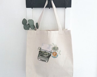 Typewriter Coffee - Canvas Tote Bag, Market Bag, Grocery Bag, Sturdy Reusable Bag, 14" x 14" x 5"